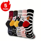 Polyester Elastane Crew Socks Cartoon Cat Pattern 5 Pairs