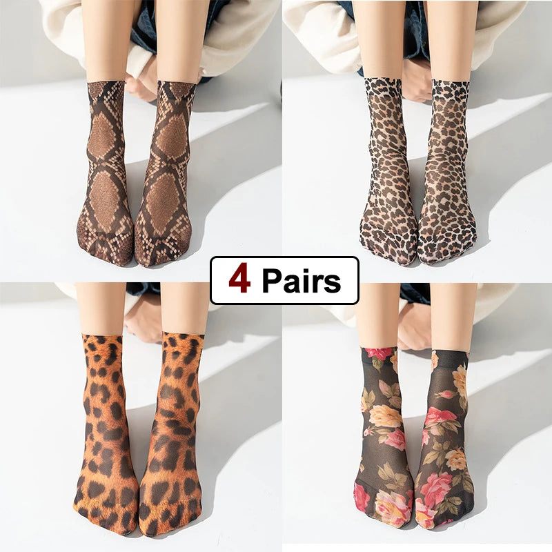 4 Pairs Womens Nylon Elastane Leopard Print Casual Socks