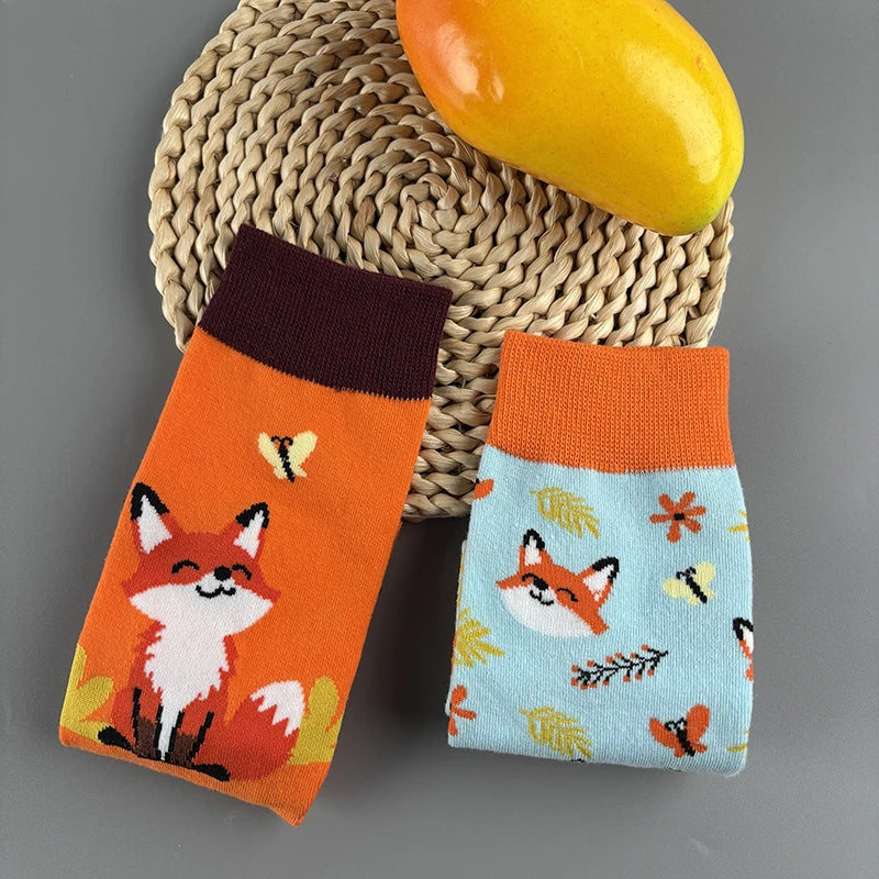 Cotton Blend Fox Print Casual Mid Calf Socks