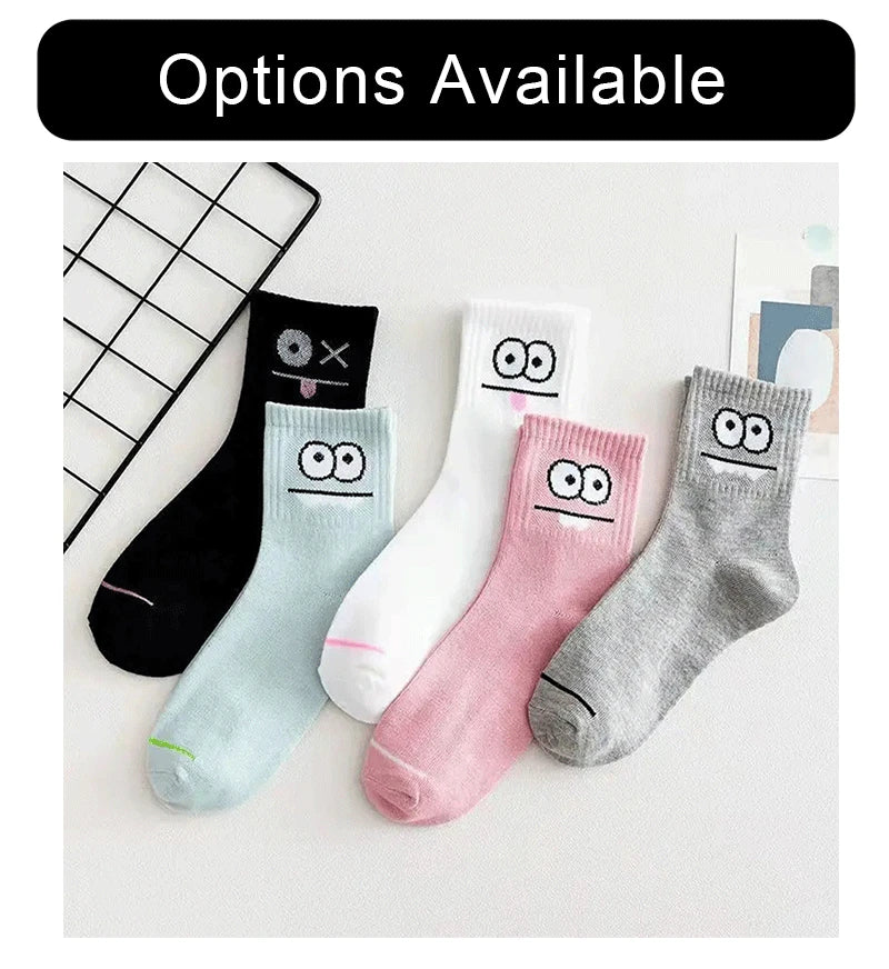 Polyester Blend Cartoon Expression Mid Tube Casual Socks 5 Pack