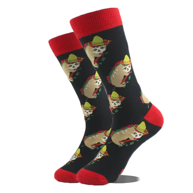 Polyester Elastane Sloth Pattern Mid Calf Casual Socks - 4