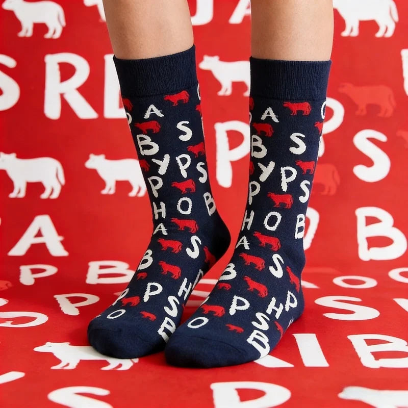 Cotton Blend Letter And Cow Print Mid Calf Crew Socks - 1
