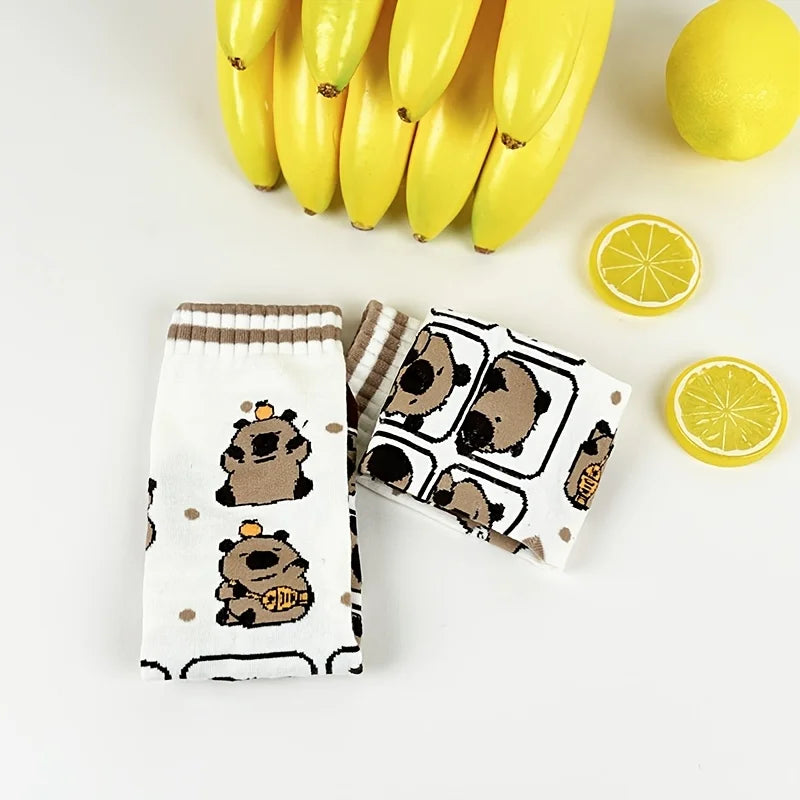 Cotton Blend Capybara Print Mid Calf Socks