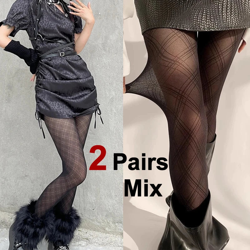 Black Plaid Pattern Polyester Elastane Womens Tights - 15