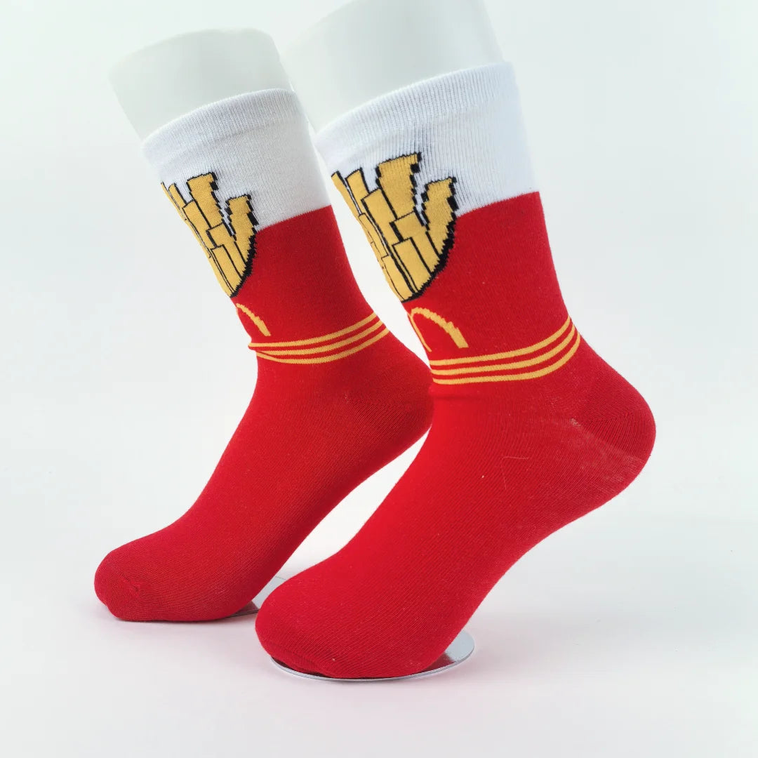 Polyester Elastane French Fries Print Unisex Mid Calf Socks 3 Pack - 5