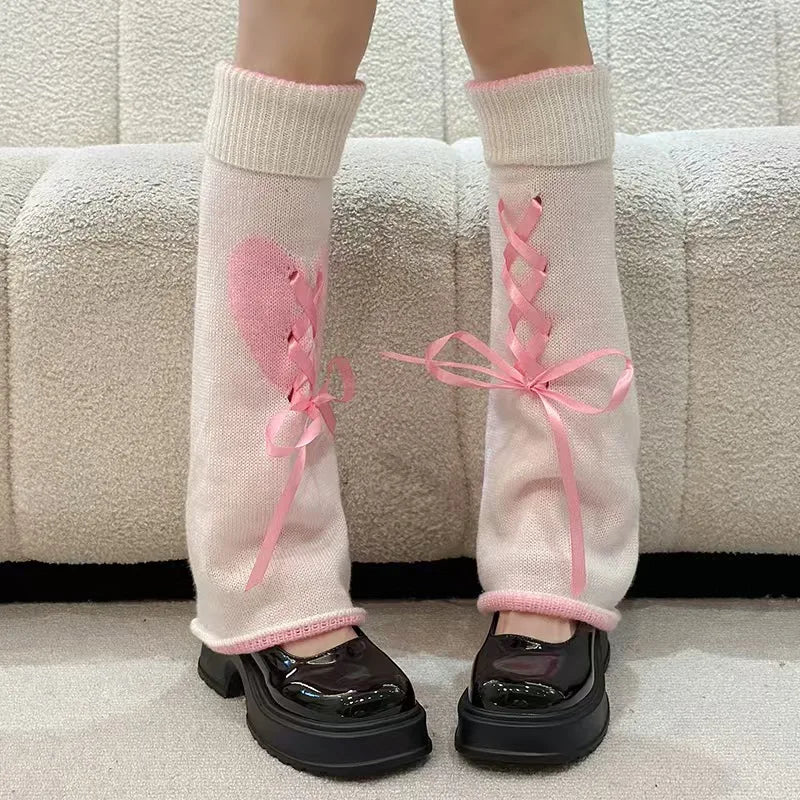 Cotton Blend Knit Heart Pattern Leg Warmers - 1
