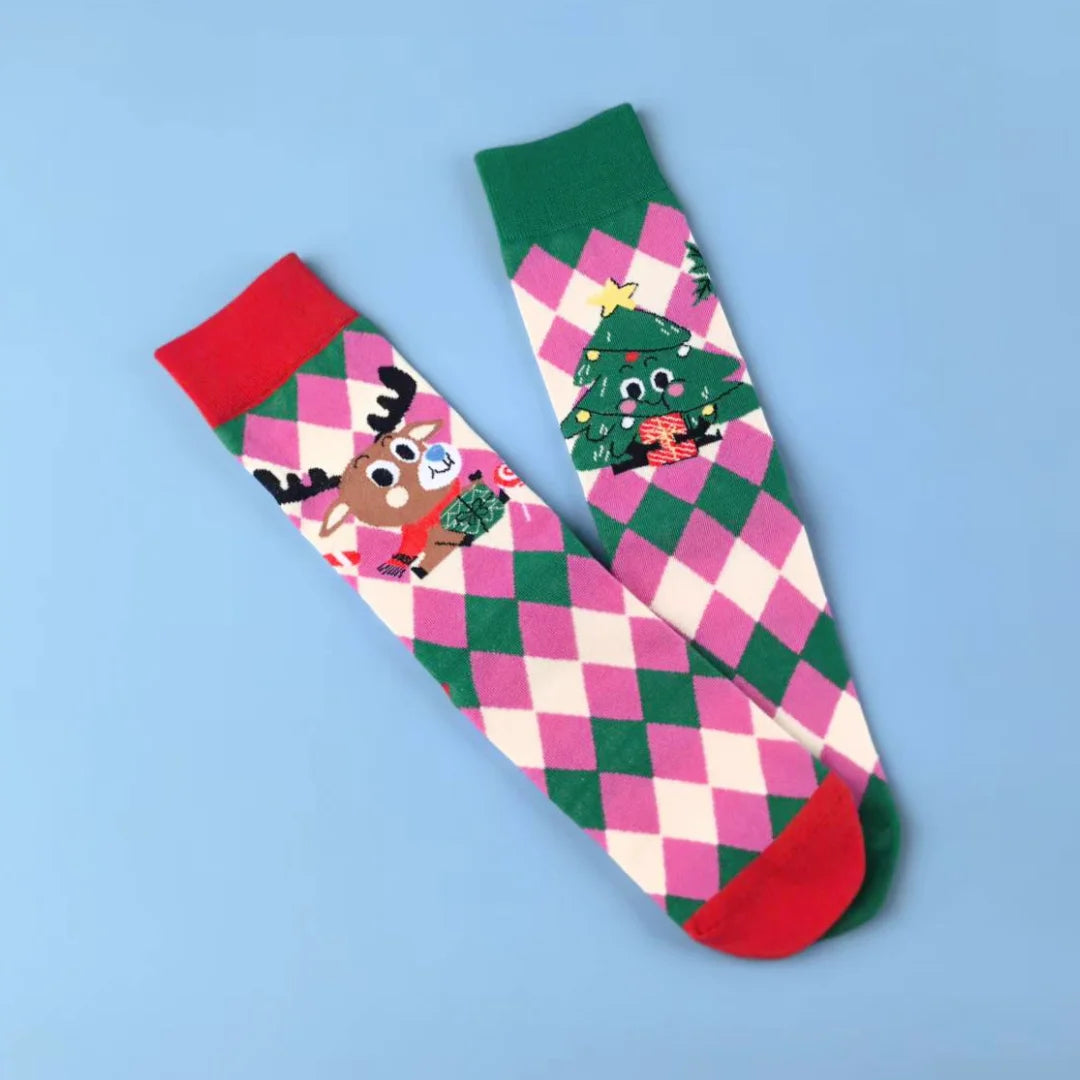 Cotton Blend Christmas Cartoon Pattern Mid Tube Socks