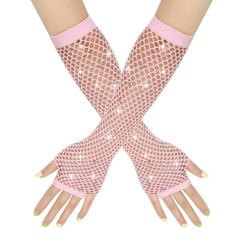 Nylon Elastane Rhinestone Fishnet Fingerless Gloves