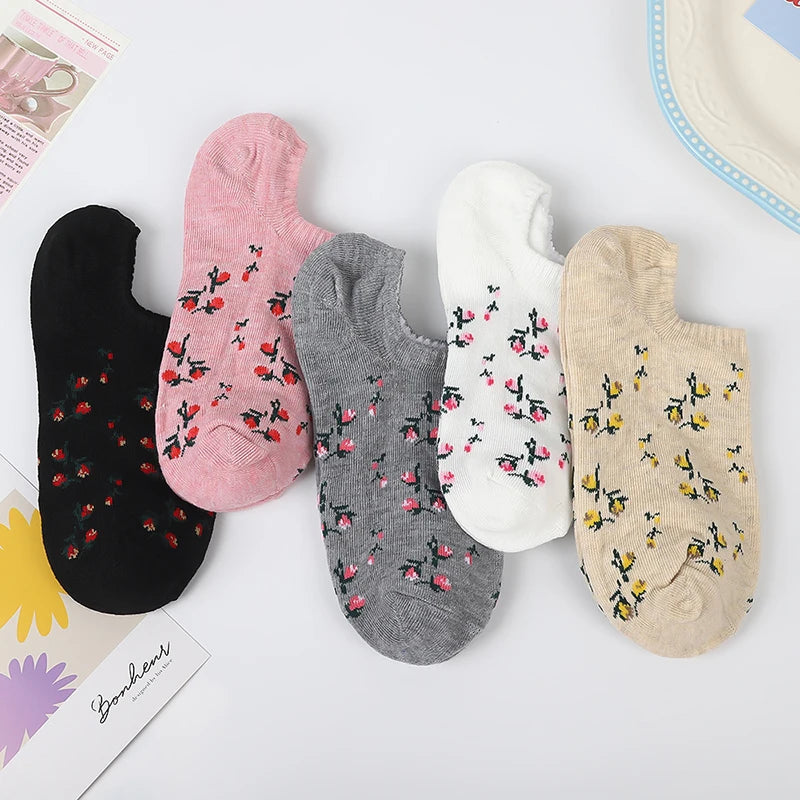 5 Pairs Polyester Elastane Floral Low Cut Boat Socks - 2