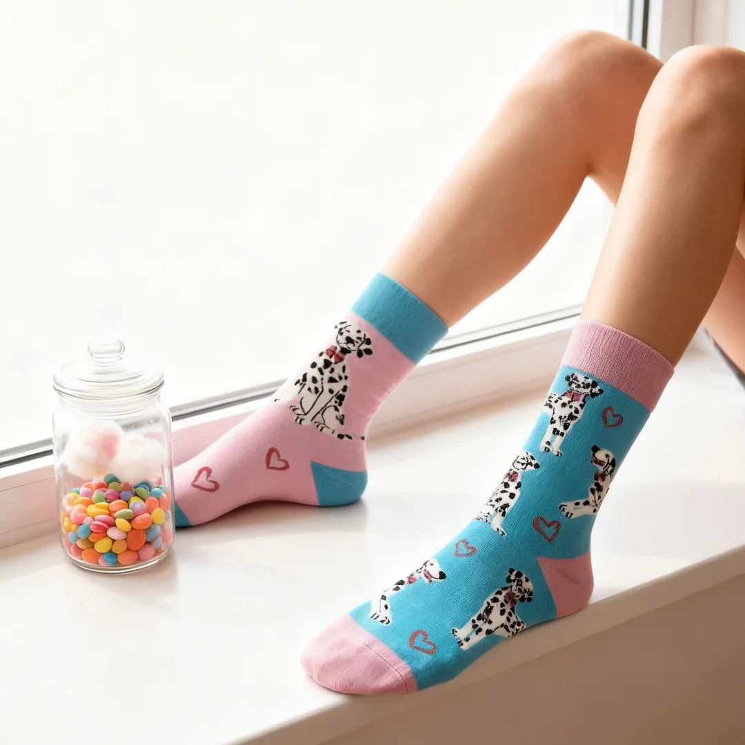 Cotton Blend Spotted Dog Print Mid Calf Casual Socks