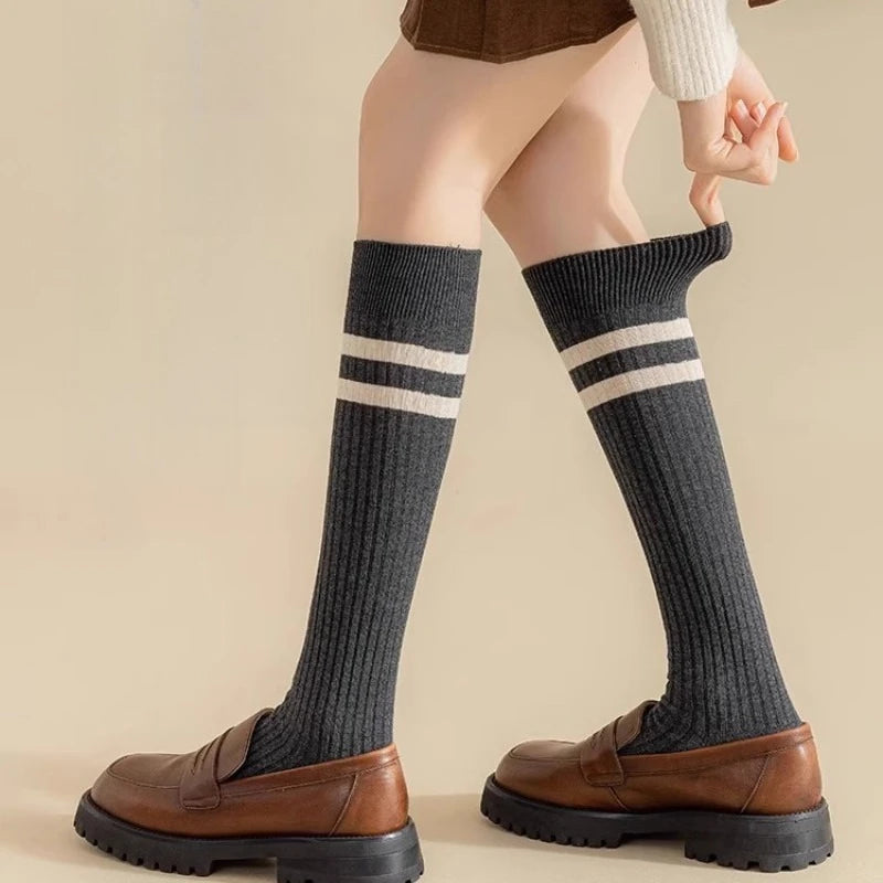 Cotton Polyester Striped Knee High Casual Socks