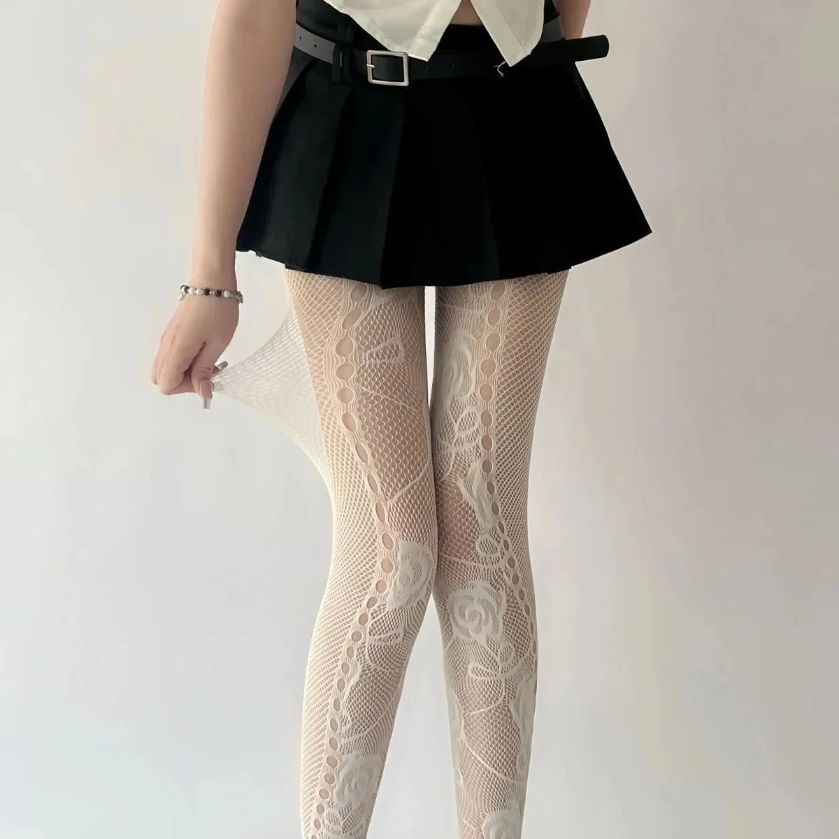 Floral Mesh Nylon Thigh High Pantyhose - 3