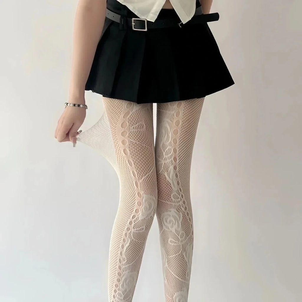 Floral Mesh Nylon Thigh High Pantyhose