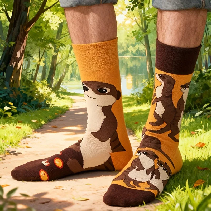 Cotton Blend Otter Print Casual Mid Calf Socks - 1