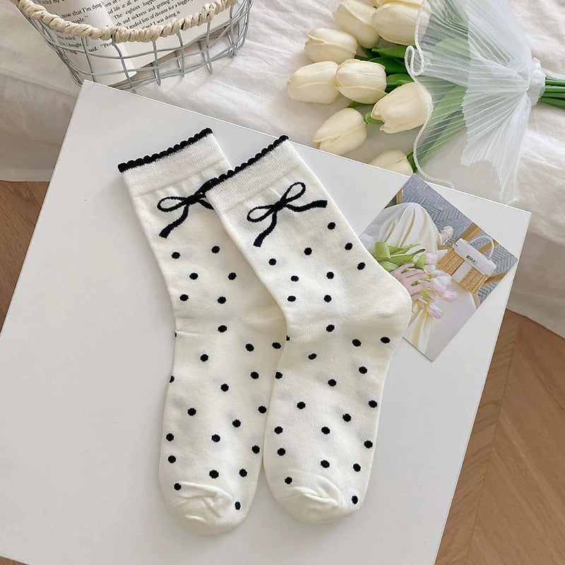 Polyester Elastane Bow Tie Casual Middle Tube Socks
