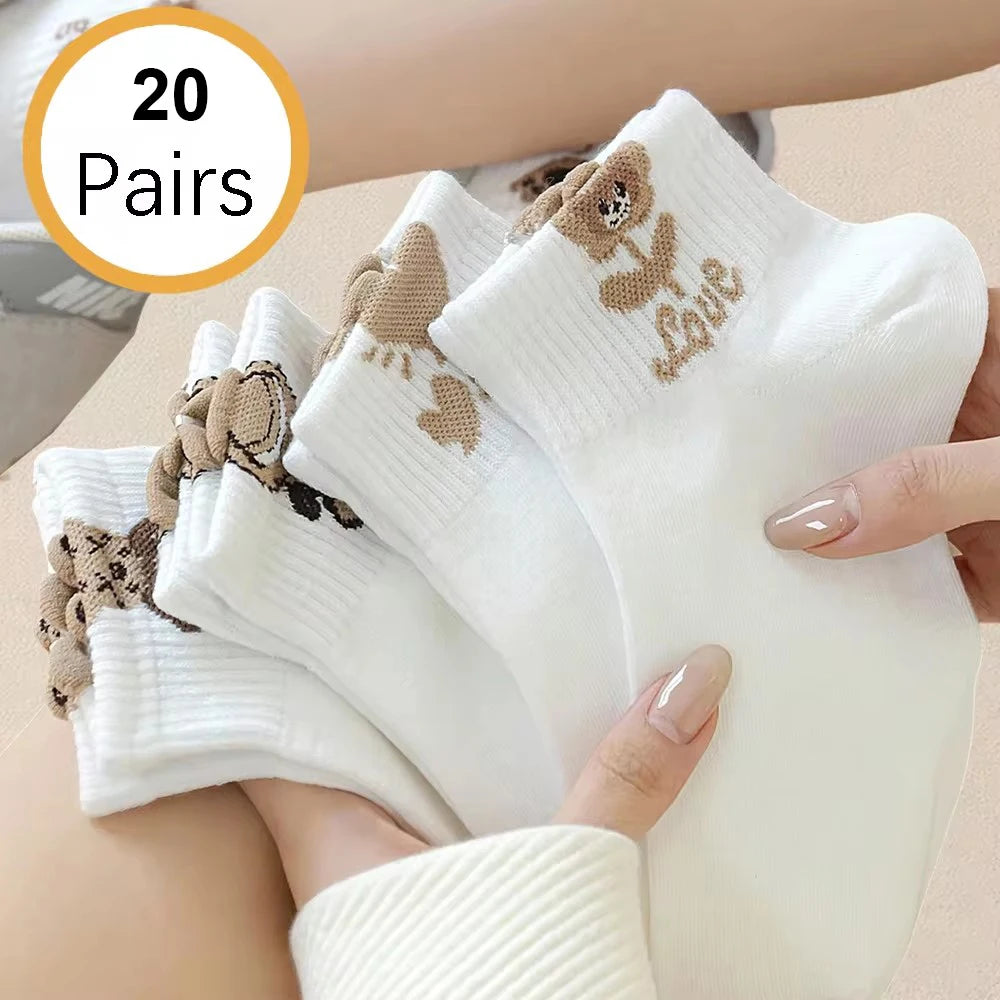 Polyester Elastane Teddy Bear Print Casual Ankle Socks for Women