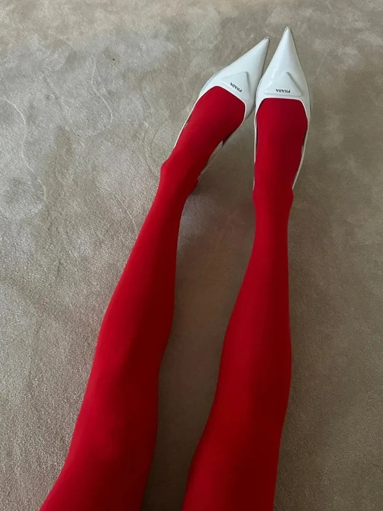 Red Nylon Polyester Slim Tights