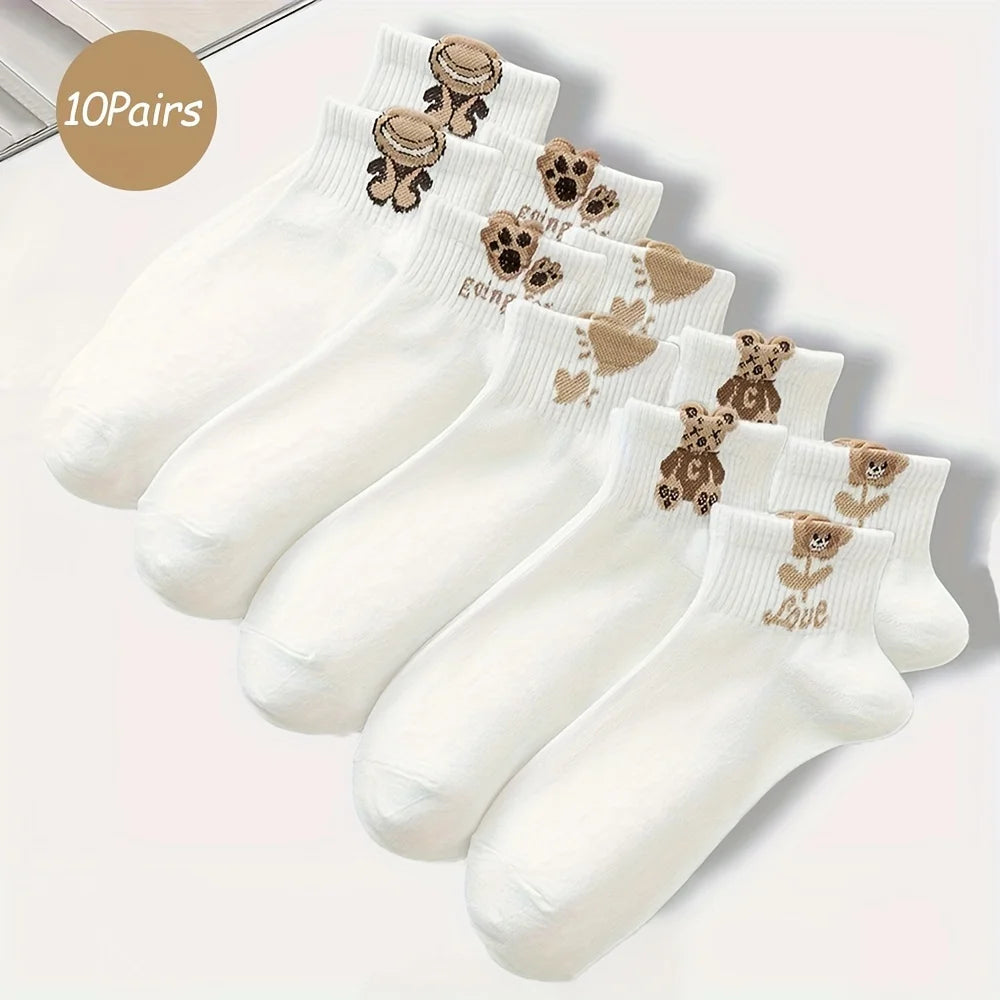 Polyester Elastane Teddy Bear Print Casual Ankle Socks for Women