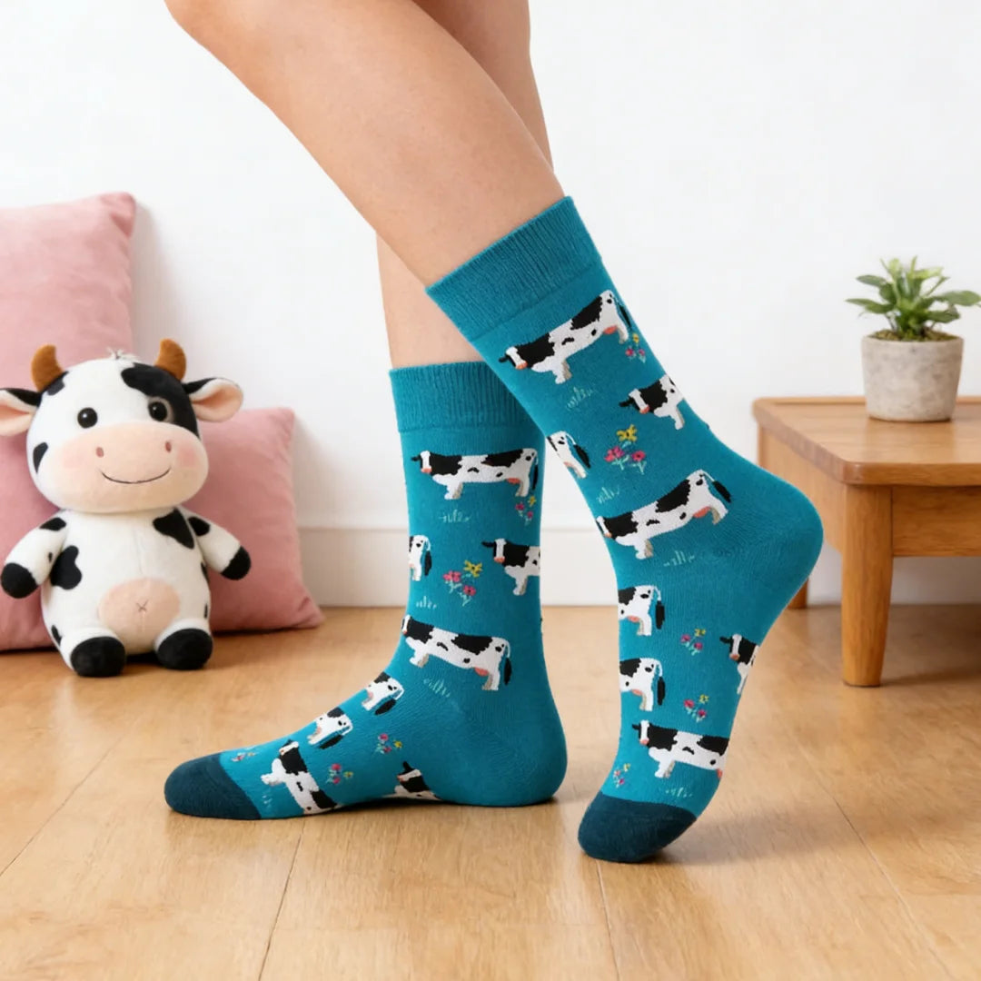 Cotton Blend Cow Pattern Unisex Crew Socks