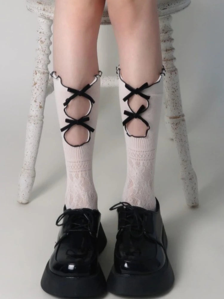 Nylon Elastane Ruffle Bowknot Calf Socks - 7