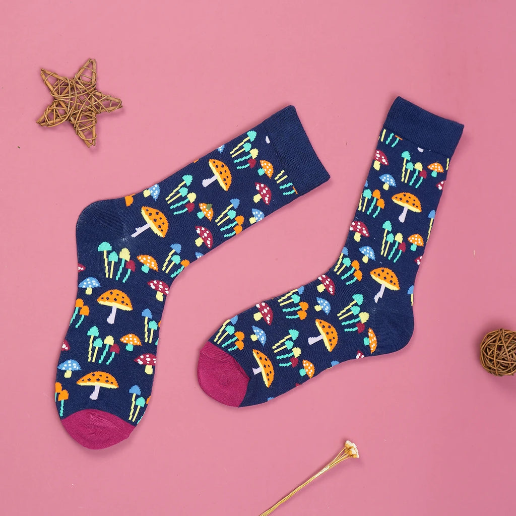 Colorful Mushroom Printed Cotton Blend Crew Socks