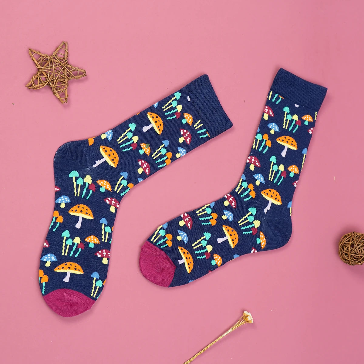 Colorful Mushroom Printed Cotton Blend Crew Socks