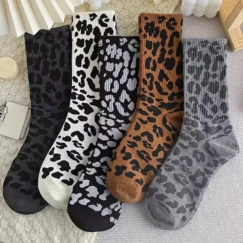 Leopard Print Polyester Spandex Mid Tube Socks 6 Pair Set - 2