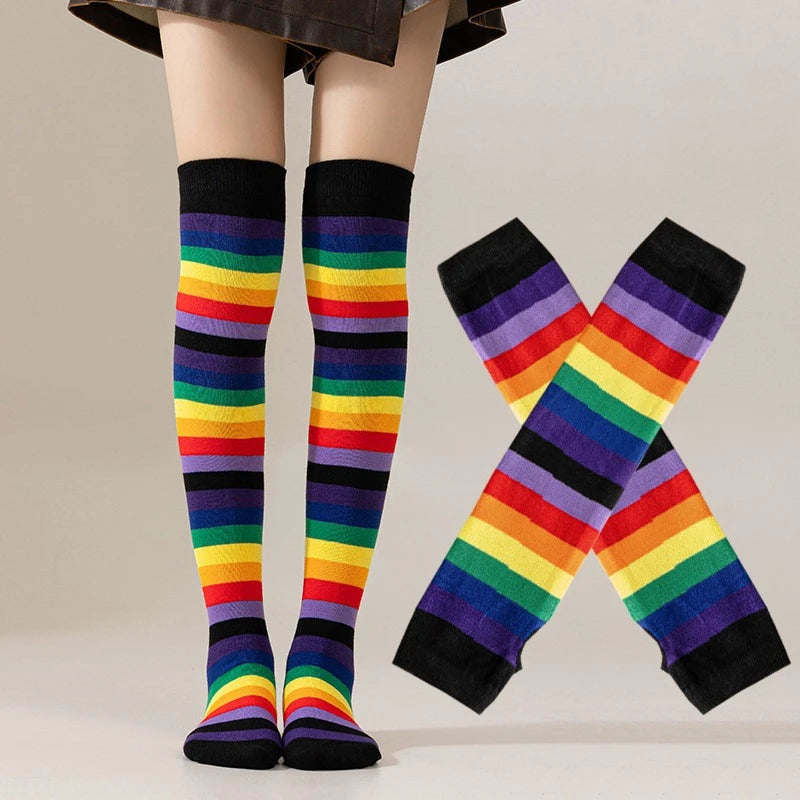 Striped Polyester Thigh High Socks and Arm Warmer Set - 6