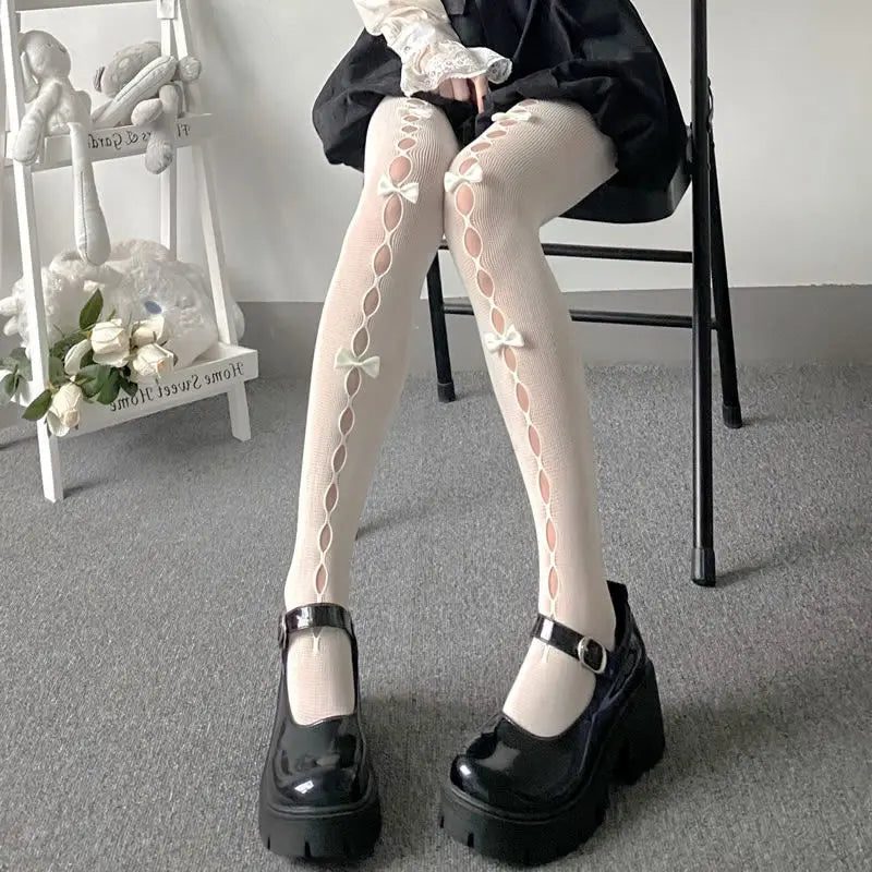 Polyester Nylon Bowknot Hollow Out Tights - 5