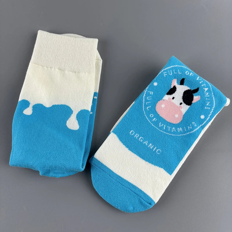 Cotton Blend Milk Cow Print Mid Calf Socks - 2
