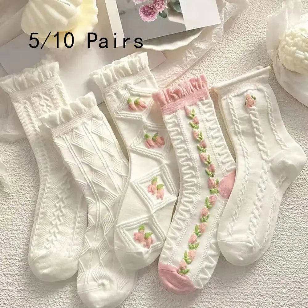 Ruffled Floral Mid Tube Polyester Women Socks 5 Pairs