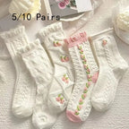 Ruffled Floral Mid Tube Polyester Women Socks 5 Pairs