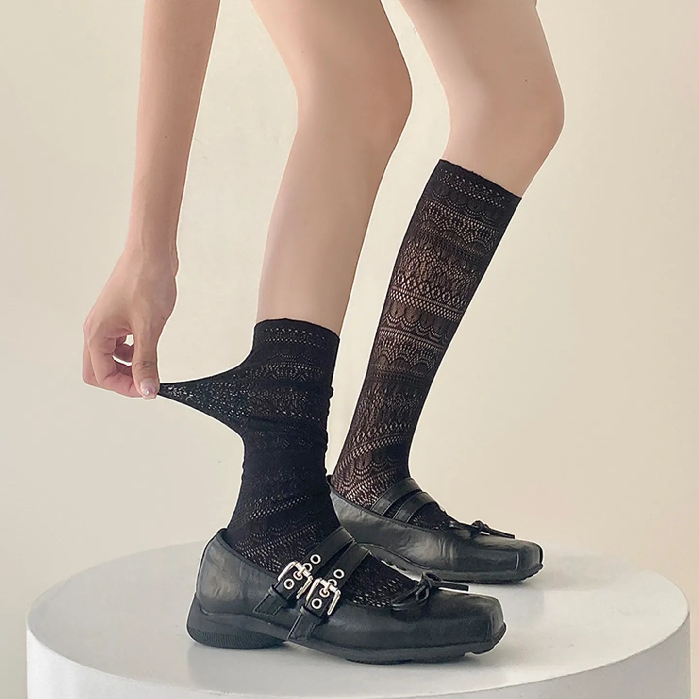 Polyester Mesh Lace Knee High Socks - 1