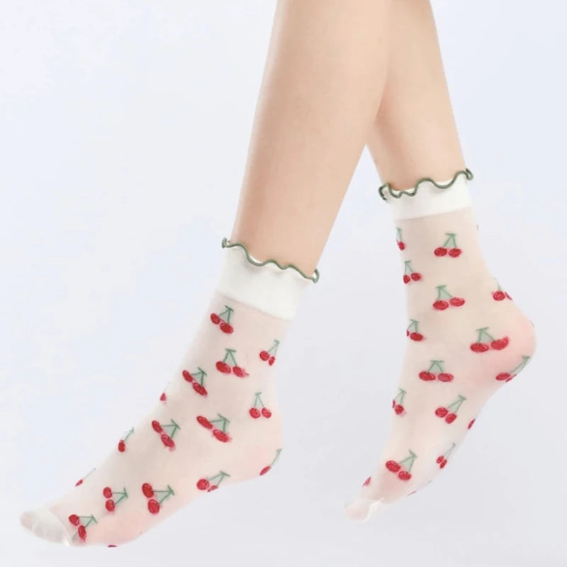 Nylon Spandex Fruit Print Lettuce Edge Mid Tube Socks - 3