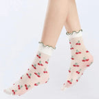 Nylon Spandex Fruit Print Lettuce Edge Mid Tube Socks