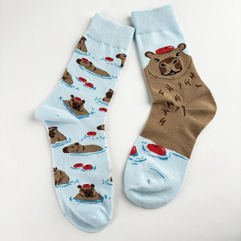 Cotton Blend Capybara Print Mid Calf Casual Crew Socks - 4