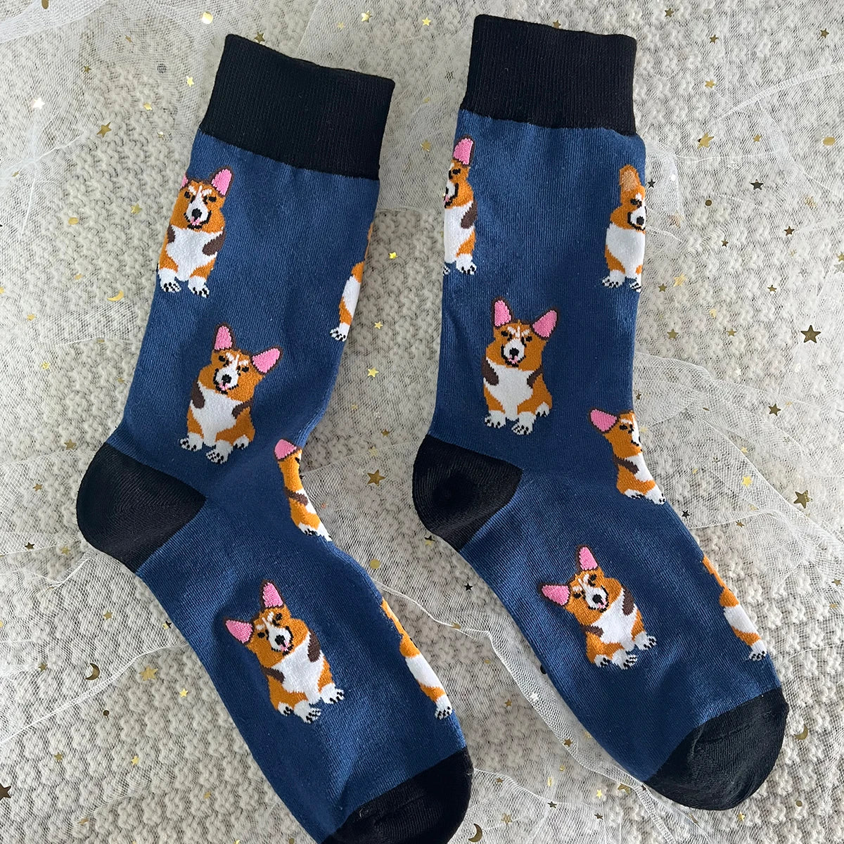 Cotton Blend Corgi Pattern Crew Socks