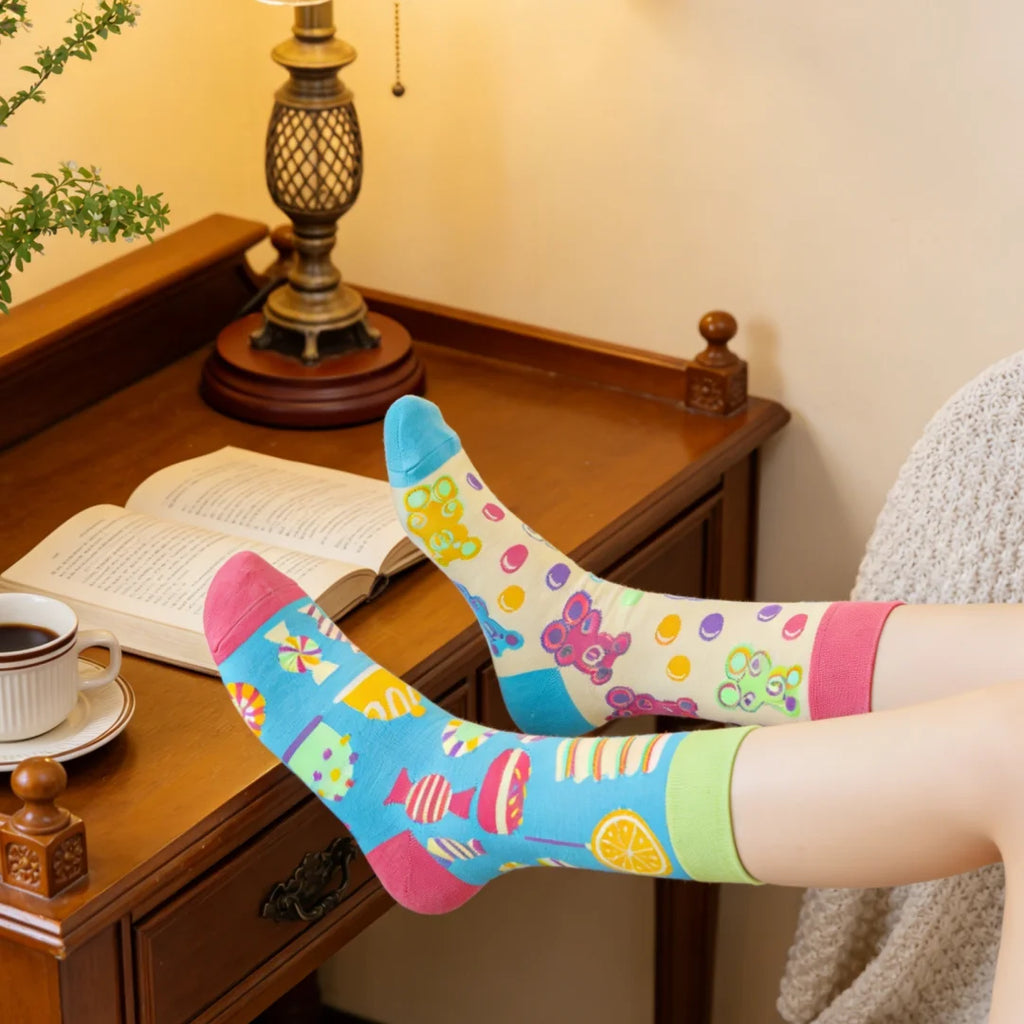 Cotton Blend Cartoon Bear and Sweets Pattern Casual Mid Tube Socks