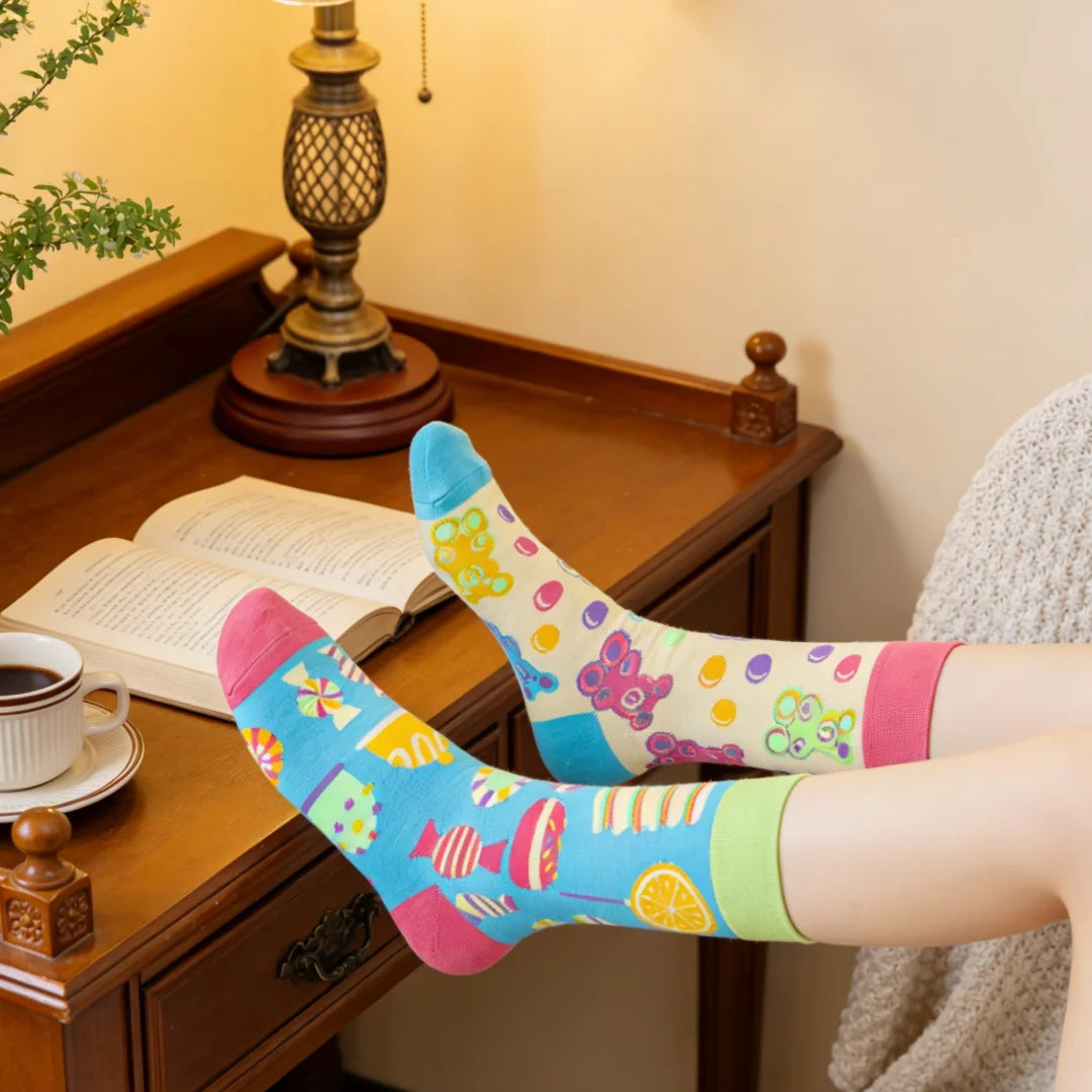 Cotton Blend Cartoon Bear and Sweets Pattern Casual Mid Tube Socks