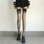 White Fishnet Stockings with Pink Bows Nylon Hollow Out Knee High