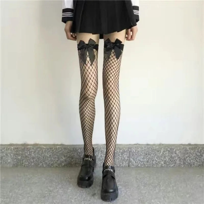 White Fishnet Stockings with Pink Bows Nylon Hollow Out Knee High