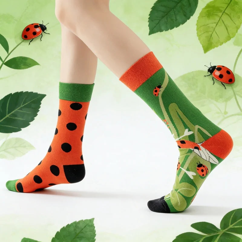 Cotton Blend Ladybug Print Mid Calf Socks - 2