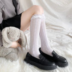 Lace Fishnet Thigh High Stockings Heart Pattern Over Knee Socks