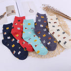 5 Pairs Women Cotton Cat Print Mid Tube Casual Socks