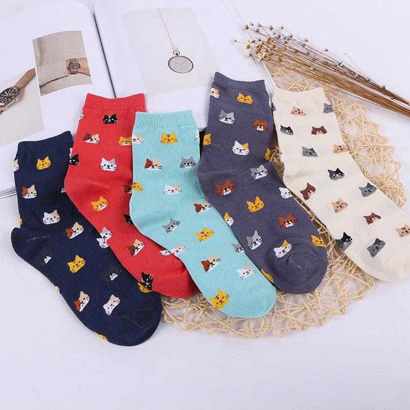 5 Pairs Women Cotton Cat Print Mid Tube Casual Socks