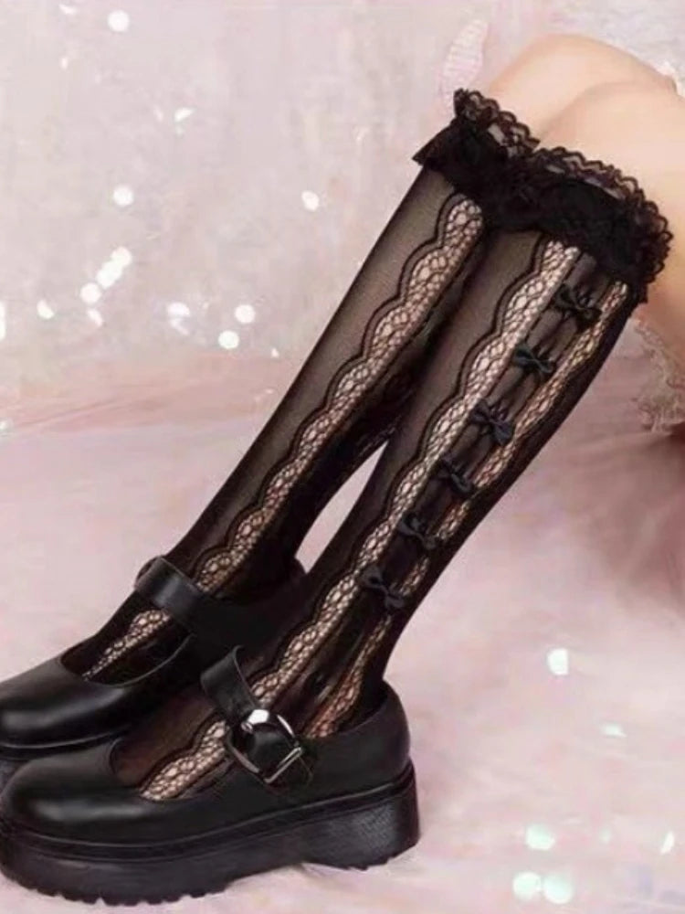 Nylon Lolita Lace Ruffle Knee High Socks with Bows - 11