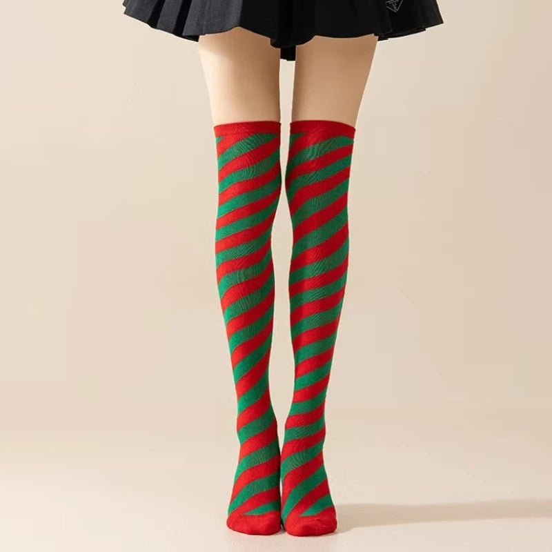Striped Cotton Polyester Thigh High Stockings