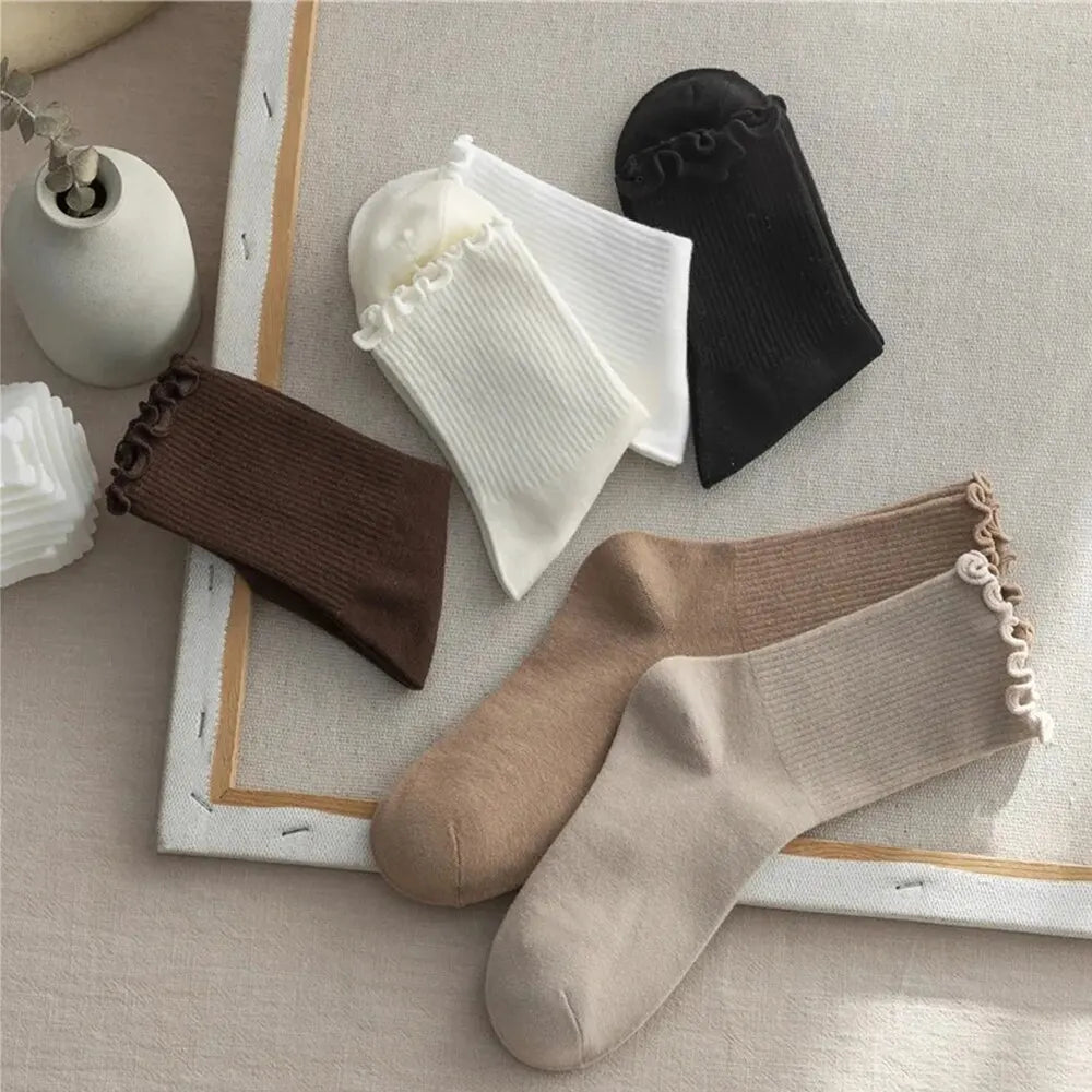 Ruffled Polyester Blend Mid Length Womens Socks 6 Pair Set