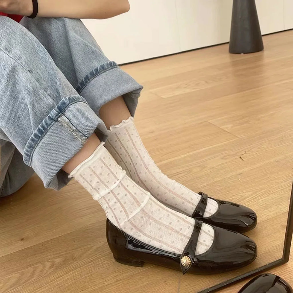 Polyester Elastane Sheer Lace Mesh Crew Socks