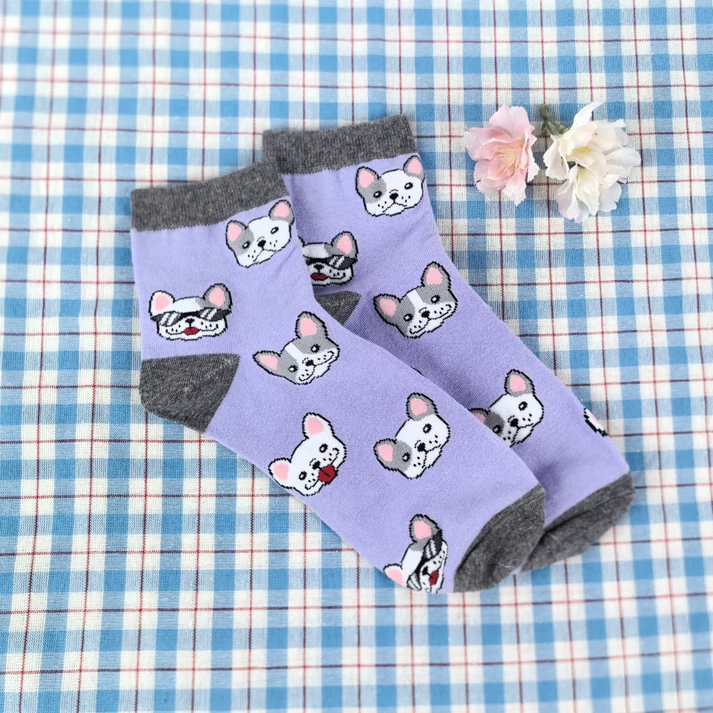 Cotton Blend French Bulldog Print Casual Low Tube Socks